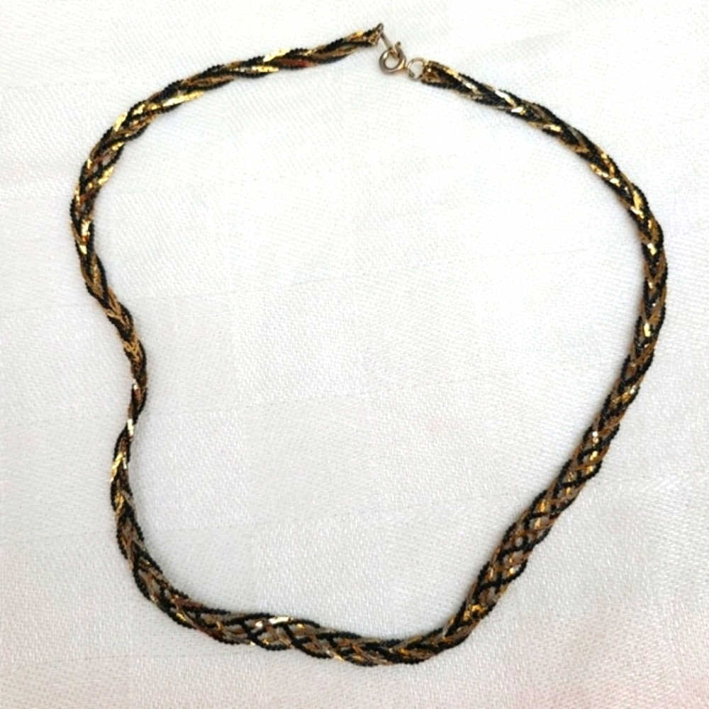 Vintage Goldtone and Black Metal Braided Herringbone Chain Necklace Korea